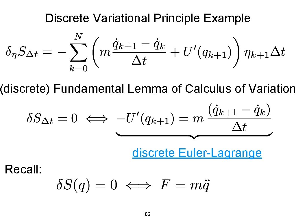 Discrete Variational Principle Example (discrete) Fundamental Lemma of Calculus of Variation discrete Euler-Lagrange Recall: