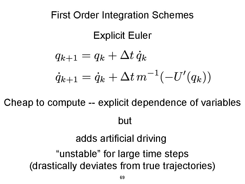 First Order Integration Schemes Explicit Euler Cheap to compute -- explicit dependence of variables