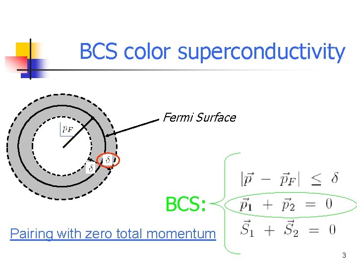 BCS color superconductivity Superficie di Fermi Surface BCS: Pairing with zero total momentum 3