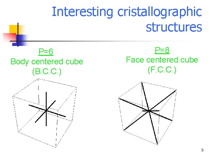 Interesting cristallographic structures P=6 Body centered cube (B. C. C. ) P=8 Face centered