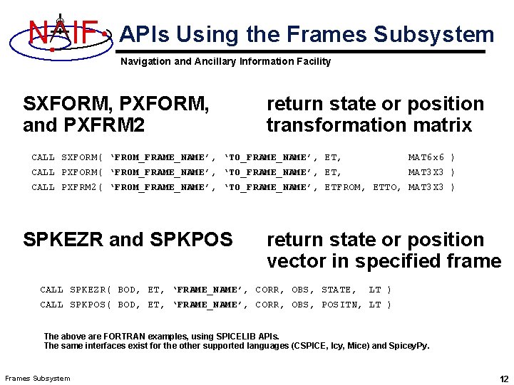 N IF APIs Using the Frames Subsystem Navigation and Ancillary Information Facility SXFORM, PXFORM,
