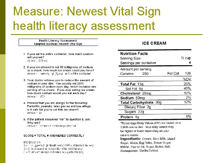 Measure: Newest Vital Sign health literacy assessment ICE CREAM 