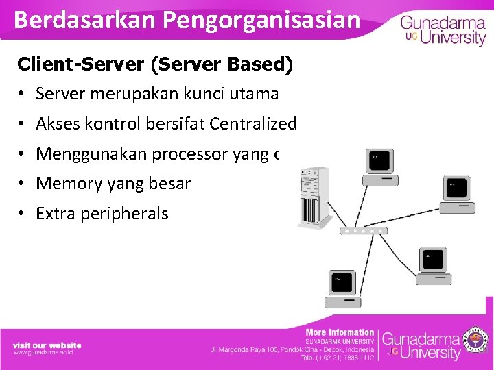 Berdasarkan Pengorganisasian Client-Server (Server Based) • Server merupakan kunci utama • Akses kontrol bersifat