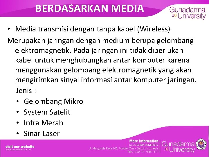 BERDASARKAN MEDIA • Media transmisi dengan tanpa kabel (Wireless) Merupakan jaringan dengan medium berupa