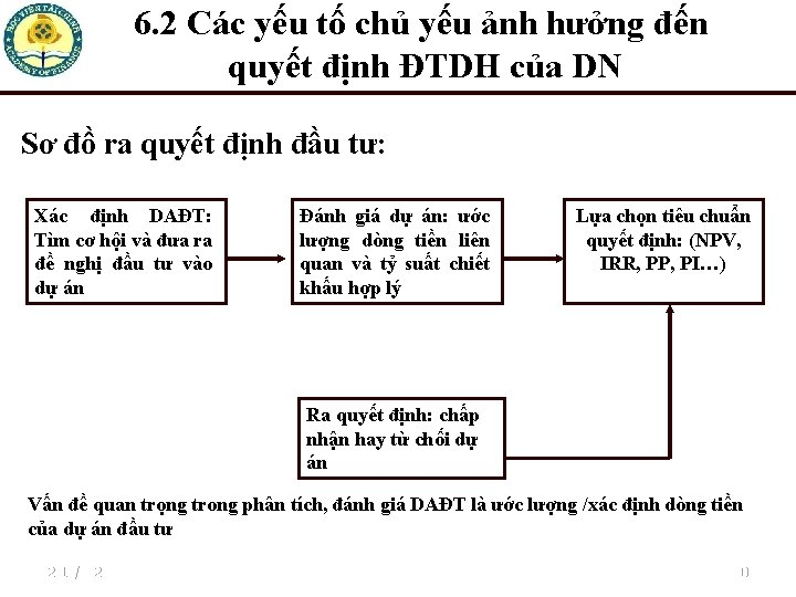 6. 2 Các yếu tố chủ yếu ảnh hưởng đến quyết định ĐTDH của