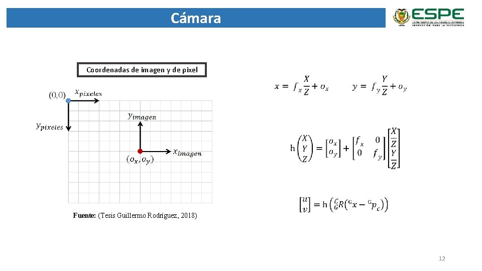 Cámara Coordenadas de imagen y de pixel Fuente: (Tesis Guillermo Rodríguez, 2018) 12 