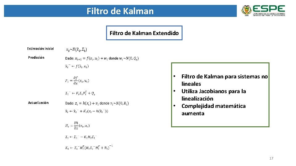 Filtro de Kalman Extendido Estimación inicial Predicción Actualización • Filtro de Kalman para sistemas