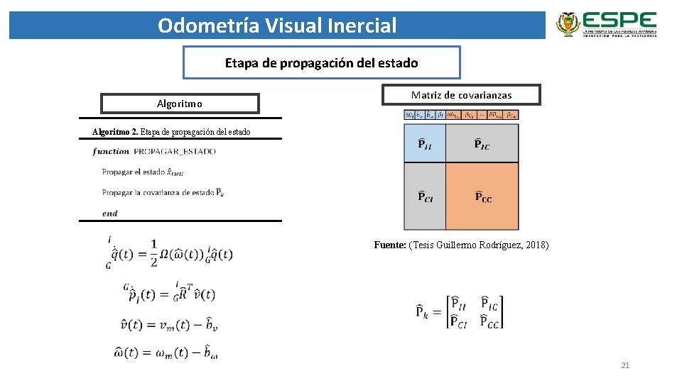 Odometría Visual Inercial Etapa de propagación del estado Algoritmo Matriz de covarianzas Algoritmo 2.