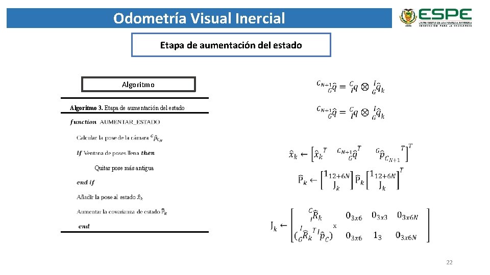 Odometría Visual Inercial Etapa de aumentación del estado Algoritmo 3. Etapa de aumentación del