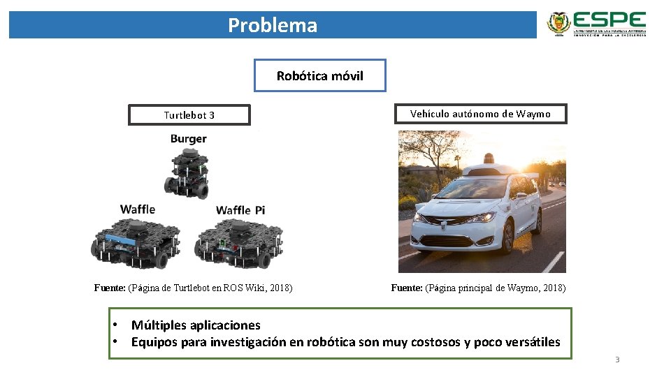 Problema Robótica móvil Turtlebot 3 Fuente: (Página de Turtlebot en ROS Wiki, 2018) Vehículo