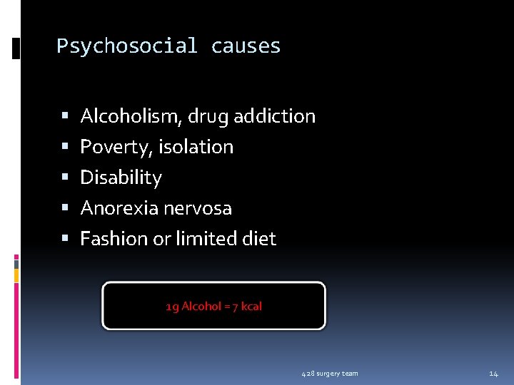 Psychosocial causes Alcoholism, drug addiction Poverty, isolation Disability Anorexia nervosa Fashion or limited diet