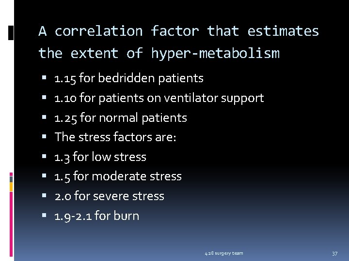 A correlation factor that estimates the extent of hyper-metabolism 1. 15 for bedridden patients