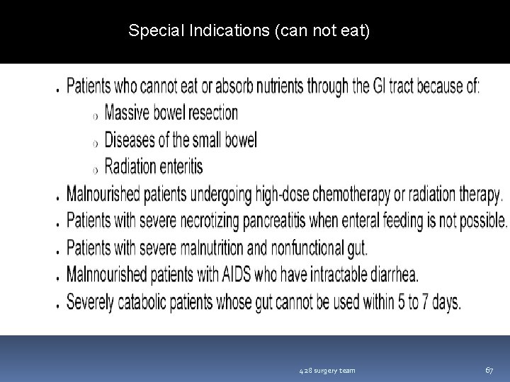 Special Indications (can not eat) 428 surgery team 67 