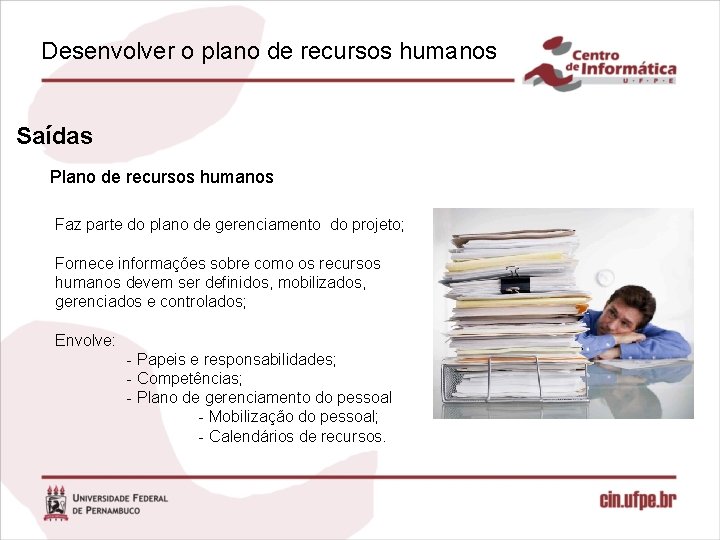 Desenvolver o plano de recursos humanos Saídas Plano de recursos humanos Faz parte do