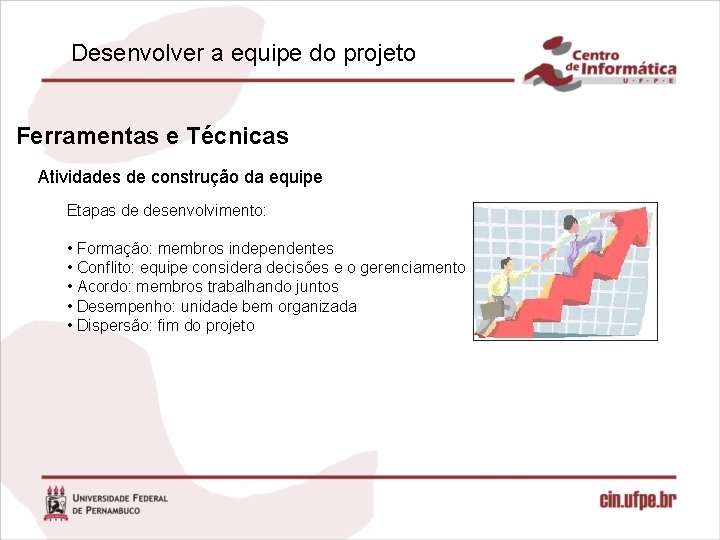 Desenvolver a equipe do projeto Ferramentas e Técnicas Atividades de construção da equipe Etapas