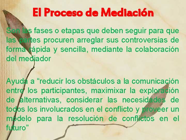 El Proceso de Mediación Son las fases o etapas que deben seguir para que