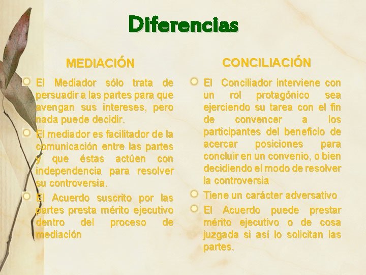 Diferencias MEDIACIÓN El Mediador sólo trata de persuadir a las partes para que avengan