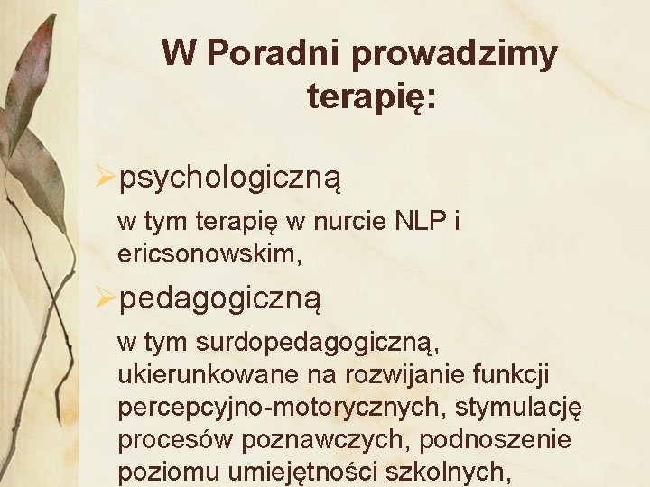 W Poradni prowadzimy terapię: Øpsychologiczną w tym terapię w nurcie NLP i ericsonowskim, Øpedagogiczną