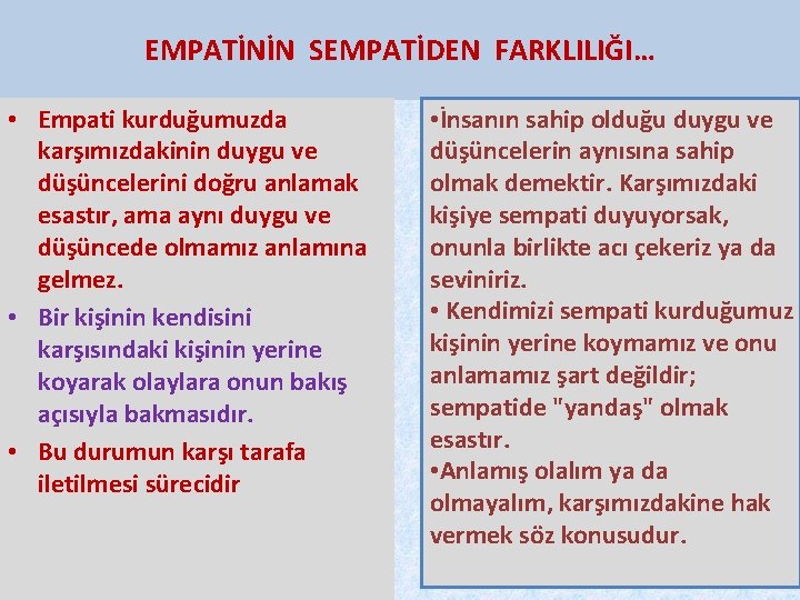 EMPATİNİN SEMPATİDEN FARKLILIĞI… • Empati kurduğumuzda karşımızdakinin duygu ve düşüncelerini doğru anlamak esastır, ama