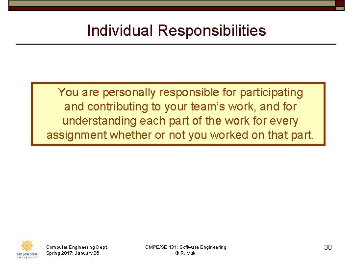 Individual Responsibilities You are personally responsible for participating and contributing to your team’s work,