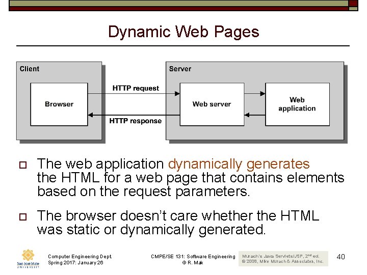 Dynamic Web Pages o The web application dynamically generates the HTML for a web