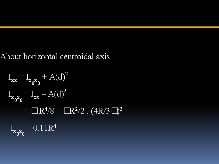 About horizontal centroidal axis: Ixx = Ix x + A(d)2 0 0 Ix 2