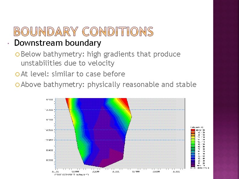  Downstream boundary Below bathymetry: high gradients that produce unstabilities due to velocity At
