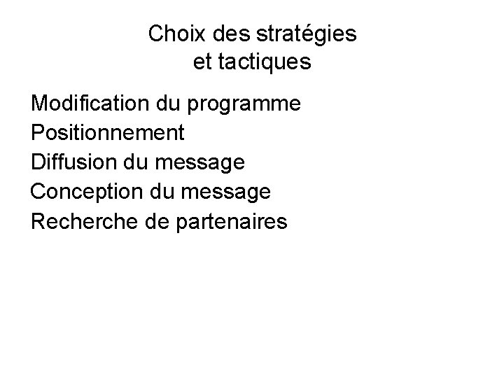 Choix des stratégies et tactiques Modification du programme Positionnement Diffusion du message Conception du Choix des stratégies et tactiques Modification du programme Positionnement Diffusion du message Conception du