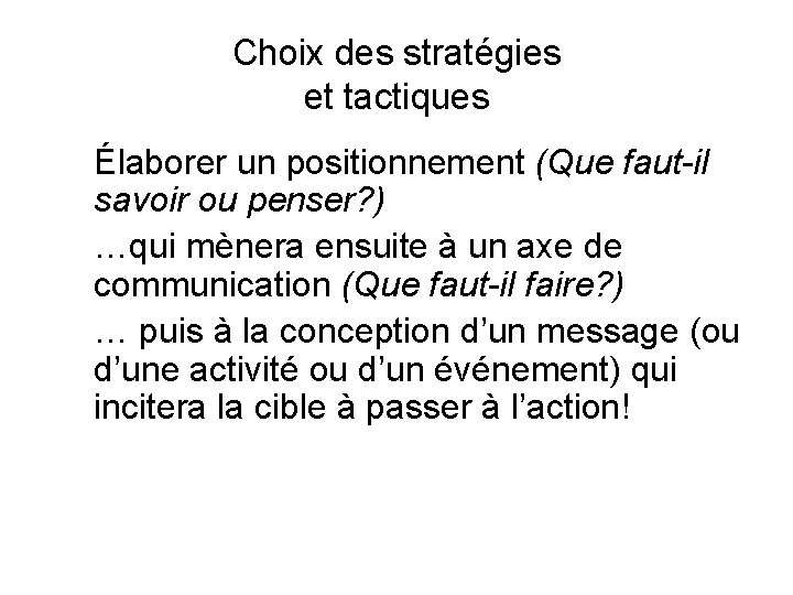 Choix des stratégies et tactiques Élaborer un positionnement (Que faut-il savoir ou penser? )