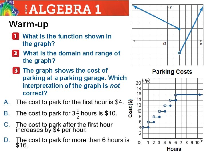 Warm-up What is the function shown in the graph? What is the domain and