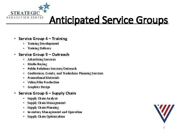 STRATEGIC ACQUISITION CENTER Anticipated Service Groups • Service Group 4 – Training • Training STRATEGIC ACQUISITION CENTER Anticipated Service Groups • Service Group 4 – Training • Training