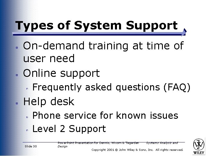 Types of System Support On-demand training at time of user need Online support Frequently