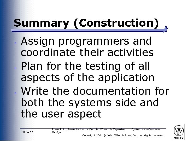 Summary (Construction) Assign programmers and coordinate their activities Plan for the testing of all