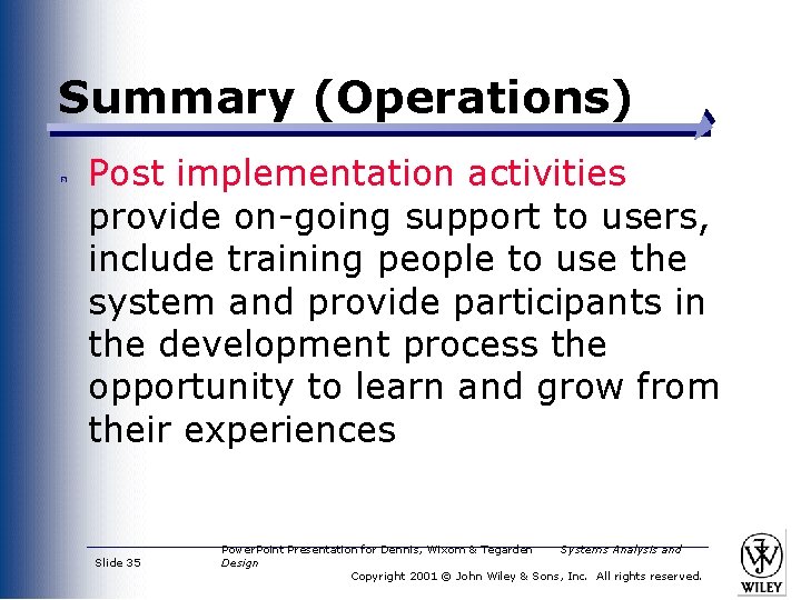 Summary (Operations) Post implementation activities provide on-going support to users, include training people to