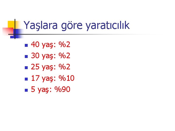 Yaşlara göre yaratıcılık n n n 40 yaş: %2 30 yaş: %2 25 yaş: