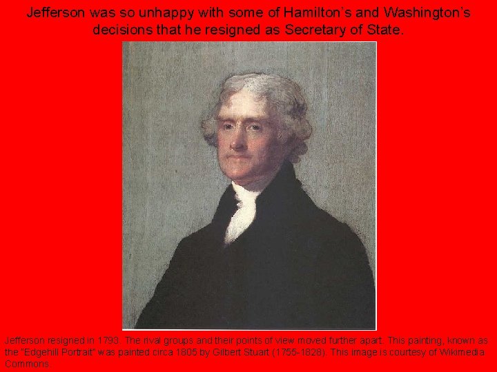 Jefferson was so unhappy with some of Hamilton’s and Washington’s decisions that he resigned