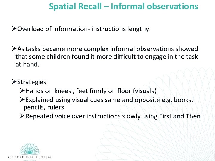 Spatial Recall – Informal observations ØOverload of information- instructions lengthy. ØAs tasks became more