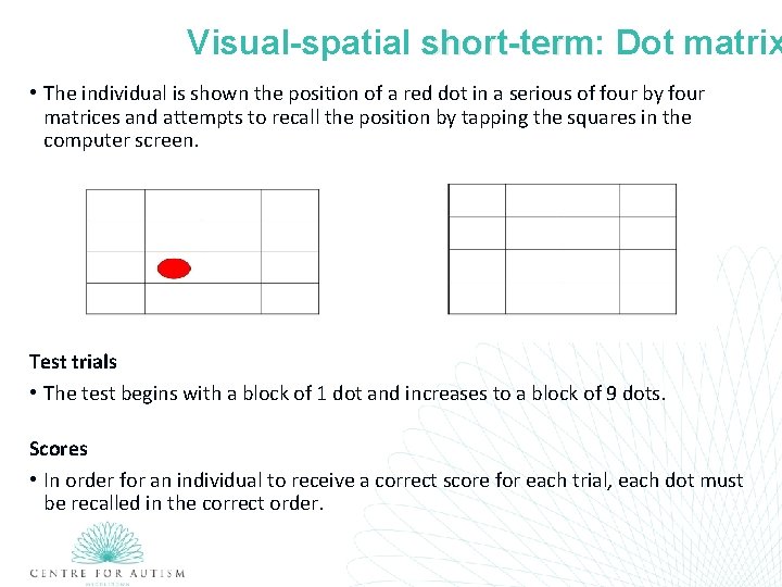 Visual-spatial short-term: short-term Dot matrix • The individual is shown the position of a