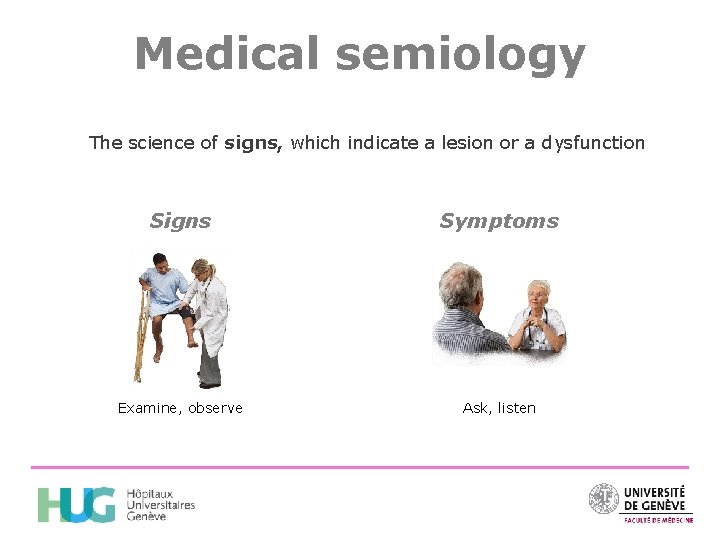 Medical semiology The science of signs, which indicate a lesion or a dysfunction Signs