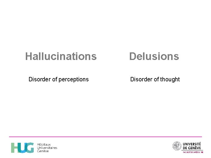 Hallucinations Disorder of perceptions Delusions Disorder of thought 