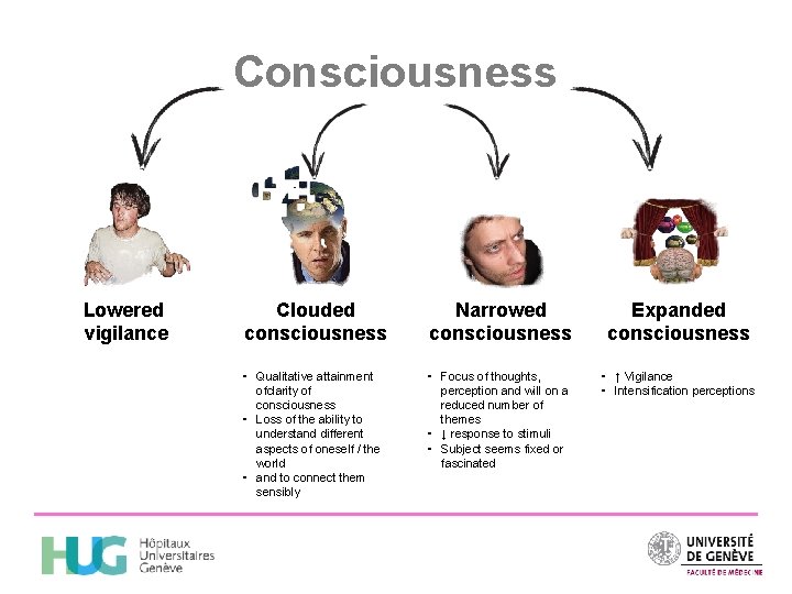 Consciousness Lowered vigilance Clouded consciousness Narrowed consciousness Expanded consciousness ⁃ Qualitative attainment ofclarity of