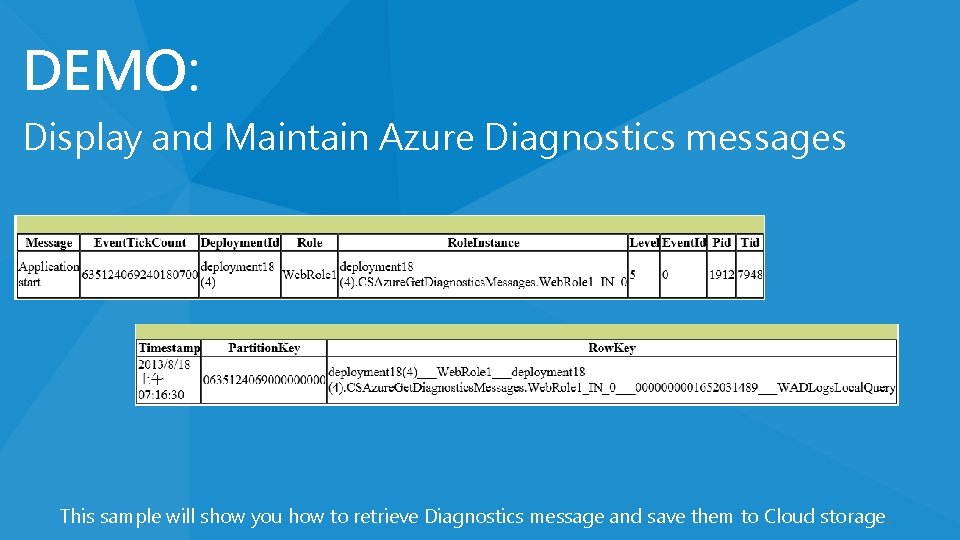 DEMO: Display and Maintain Azure Diagnostics messages This sample will show you how to DEMO: Display and Maintain Azure Diagnostics messages This sample will show you how to
