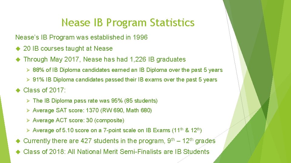 Nease IB Program Statistics Nease’s IB Program was established in 1996 20 IB courses