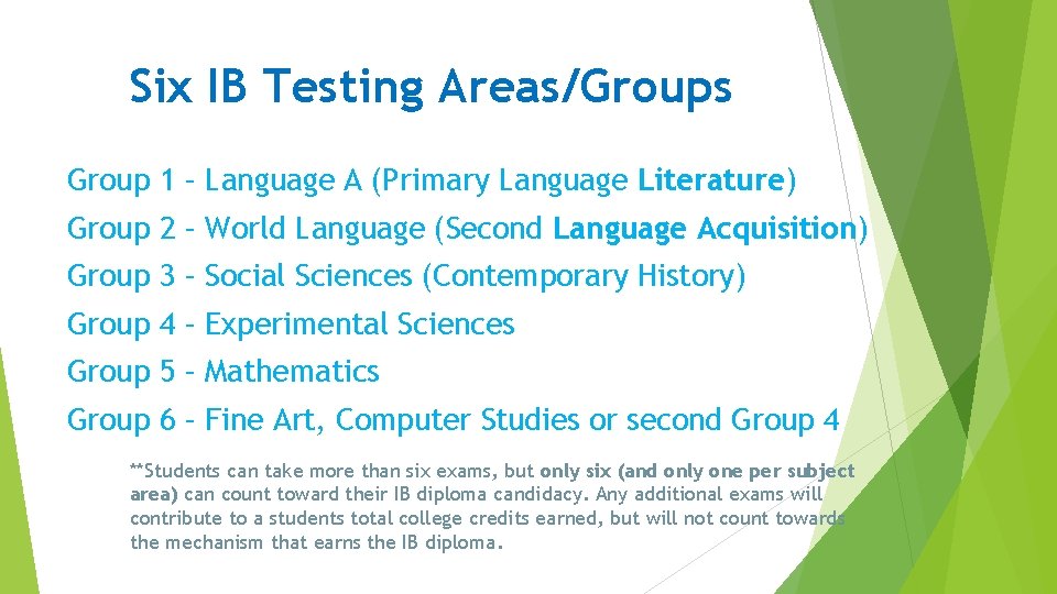 Six IB Testing Areas/Groups Group 1 – Language A (Primary Language Literature) Group 2