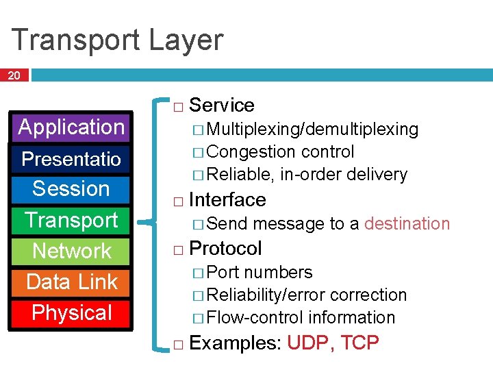 Transport Layer 20 � Application Presentatio n Session Transport Network Data Link Physical Service