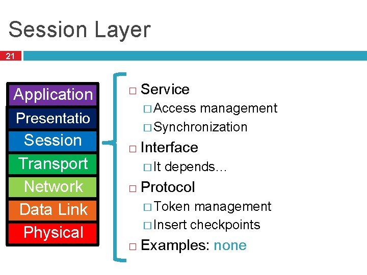 Session Layer 21 Application Presentatio n Session Transport Network Data Link Physical � Service