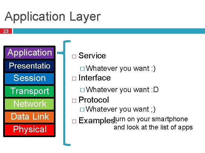 Application Layer 23 Application Presentatio n Session Transport Network Data Link Physical � Service