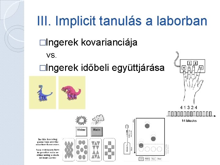 III. Implicit tanulás a laborban �Ingerek kovarianciája vs. �Ingerek időbeli együttjárása III. Implicit tanulás a laborban �Ingerek kovarianciája vs. �Ingerek időbeli együttjárása