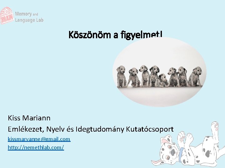 Köszönöm a figyelmet! Kiss Mariann Emlékezet, Nyelv és Idegtudomány Kutatócsoport kissmaryanne@gmail. com http: //nemethlab. Köszönöm a figyelmet! Kiss Mariann Emlékezet, Nyelv és Idegtudomány Kutatócsoport kissmaryanne@gmail. com http: //nemethlab.