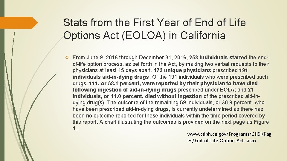 Stats from the First Year of End of Life Options Act (EOLOA) in California Stats from the First Year of End of Life Options Act (EOLOA) in California